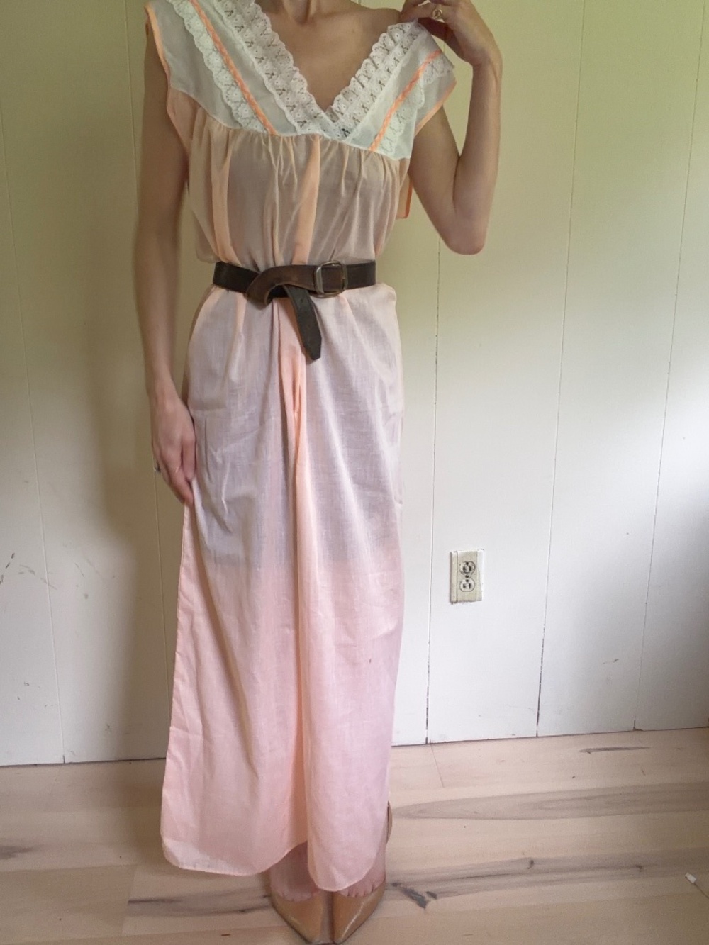 Vintage 70s pink maxi dress with lace trim baby doll cottage costal boho